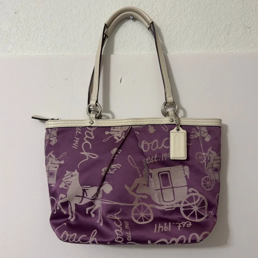 Coach Horse and Carriage Tote Bag Womens Medium Purple Good F14482 Sateen Purse